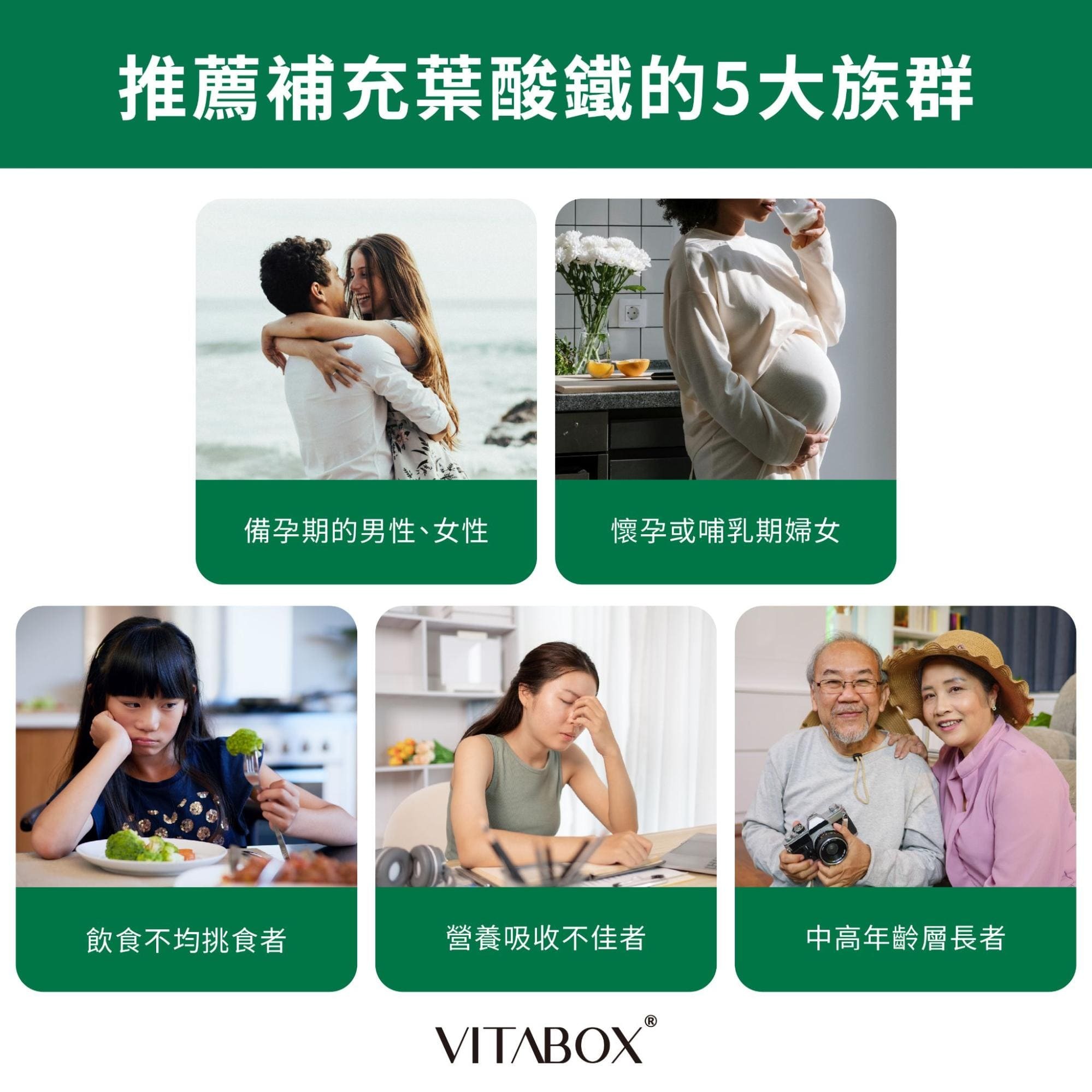 推薦補充葉酸鐵包含備孕者、孕婦、飲食不均、營養不良、高齡者等的5大族群